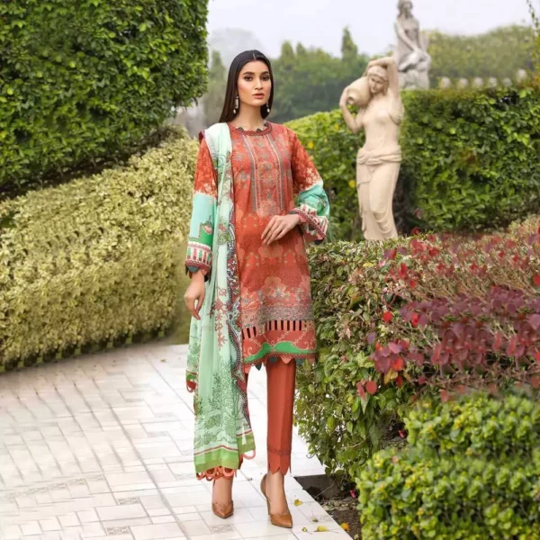 Ayrah – Burnt Orange Embroidered Lawn - 3 Piece Unstitched – Chiffon Dupatta | Mayaar