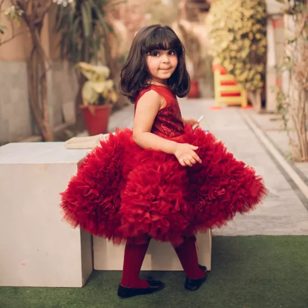 Bloon - Luxury Stitched Long Tail Frock for Kids | Ruffles Maroon Net Kids Dress | Mayaar