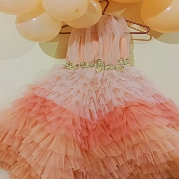 Bloon | Luxury Stitched Long Tail Kids Frock | Peach Flow of Frills Kids Frock Dress | Mayaar